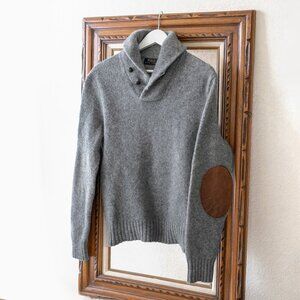 POLO RALPH LAUREN RUGBY MERINO WOOL ANGORA GENUINE LEATHER GRAY SWEATER SZ L